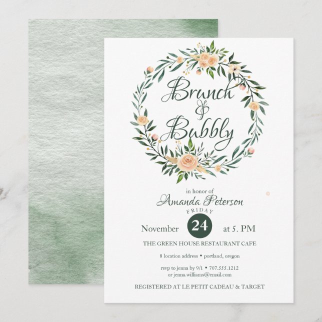 Tendance verdure Wreath Brunch & Bubbly Invitation (Devant / Derrière)