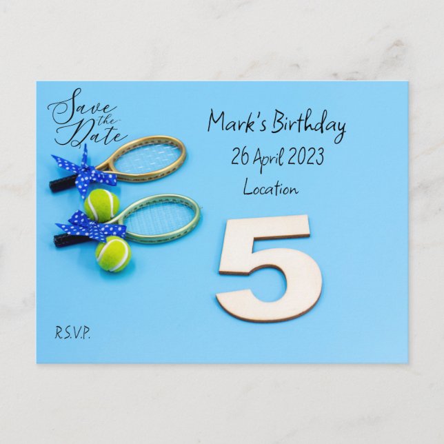 Tennis 5th Birthday Save Date invitation (Devant)
