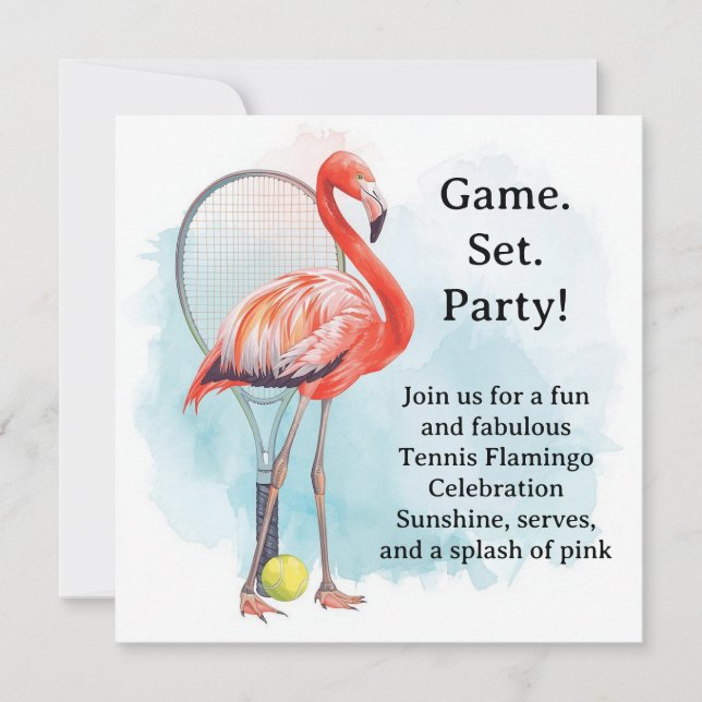 Tennis  Flamingo  with racket and ball invitation  (Devant)