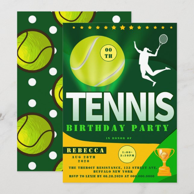 Tennis Green et Jaune Invitations de fête d'annive (Devant / Derrière)