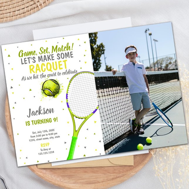 Tennis Invitations d'anniversaire avec photo (Gray Light Green Tennis Birthday Invitations photo)