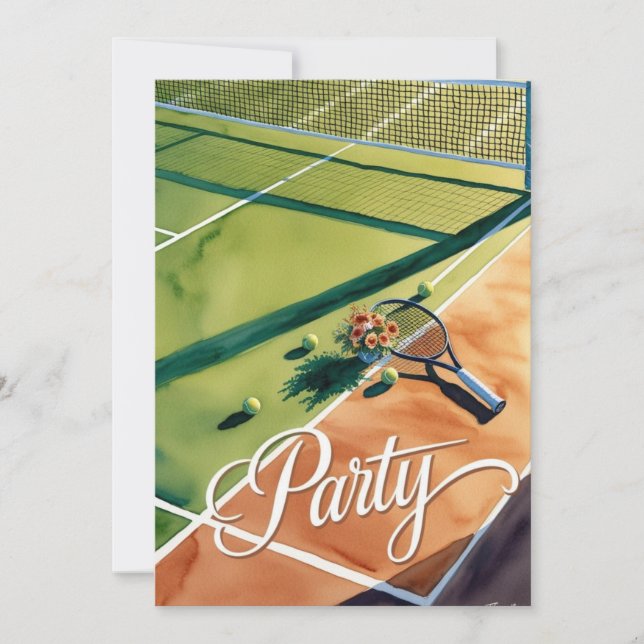 Tennis Party Invitation avec raquette sur le court (Devant)