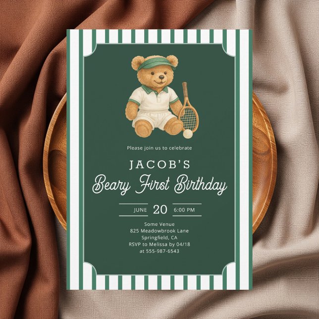 Tennis Preppy Bear 1st Birthday Invitation (Créateur téléchargé)