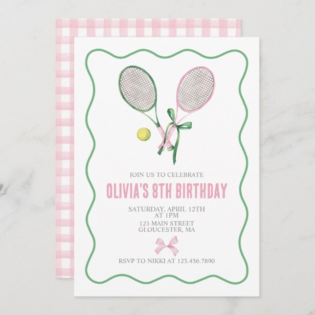 Tennis preppy plaid invitation d'anniversaire (Devant / Derrière)