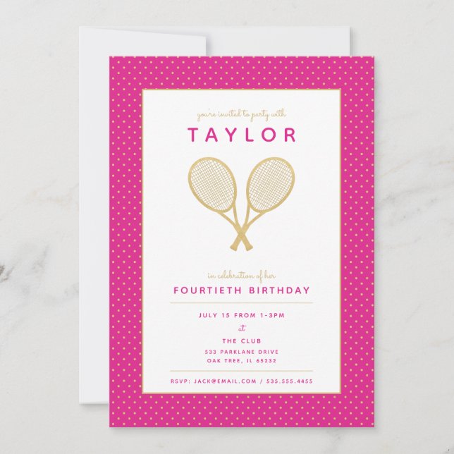 Tennis Star Chic Gold et Pink Party Invitation (Devant)