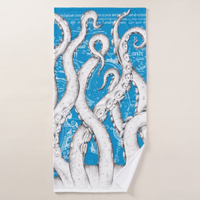 Tentacles blancs Octopus Carte Vintage Bleu Nautiq (Serviette de bain)
