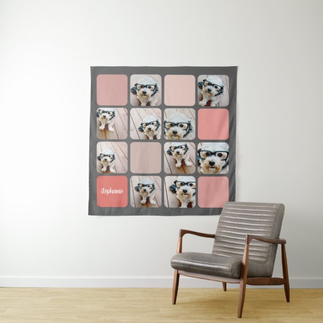 Tenture 10 Photo Collage Gris Blush Coral Rose Nom du scri (En situation)