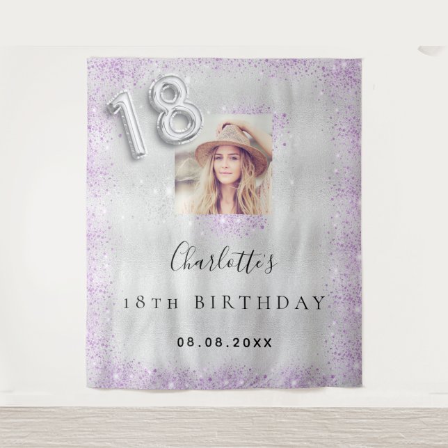 Tenture 18e anniversaire argent photo violet parties scint (Devant)
