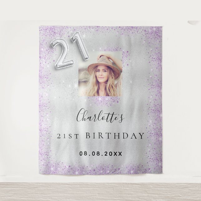 Tenture 21e anniversaire argent violet parties scintillant (Devant)
