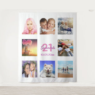 Tenture 21e anniversaire photo collage blanc rose
