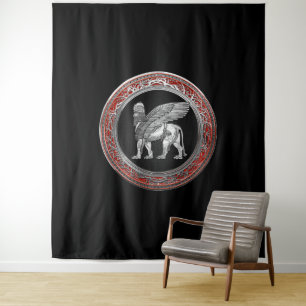 Tenture [220] Lion assyrien ailli - Lamassu argenté