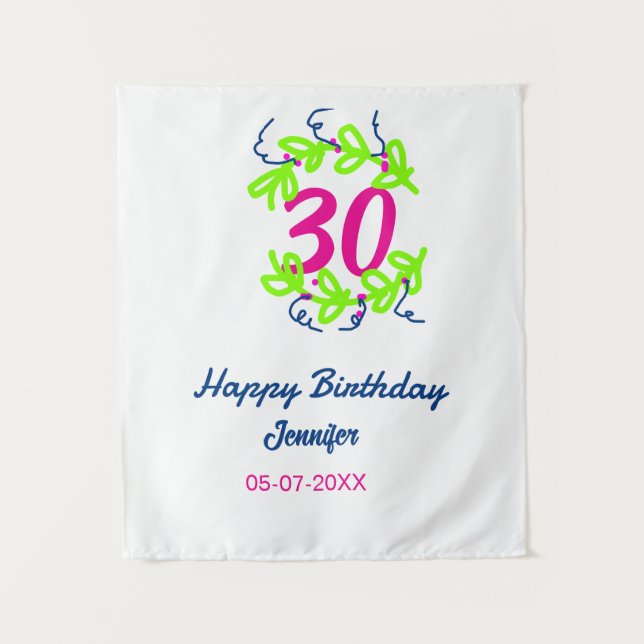 Tenture 30e anniversaire vert bleu couronne nom date rusti (Devant)