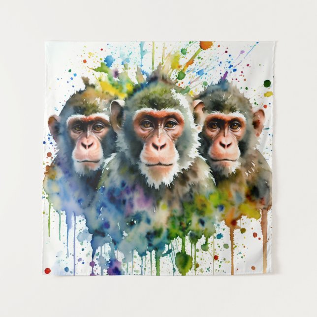 Tenture 3 singes colorés aquarelle Art (Devant)