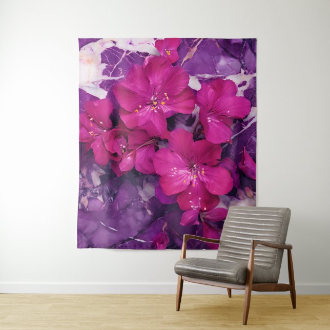 Tenture 3D Floral Fuchsia & Purple Marble Art (En situation)