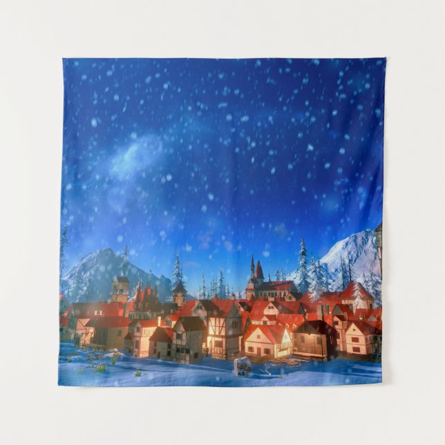Tenture 3d illustration of small alpine village at dawn. S (Devant)