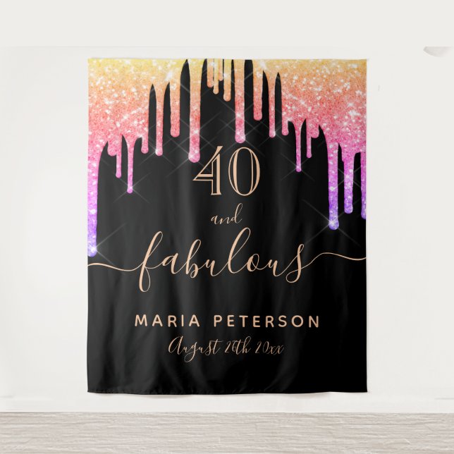 Tenture 40 fabuleux anniversaire noir rose or gouttes (Devant)