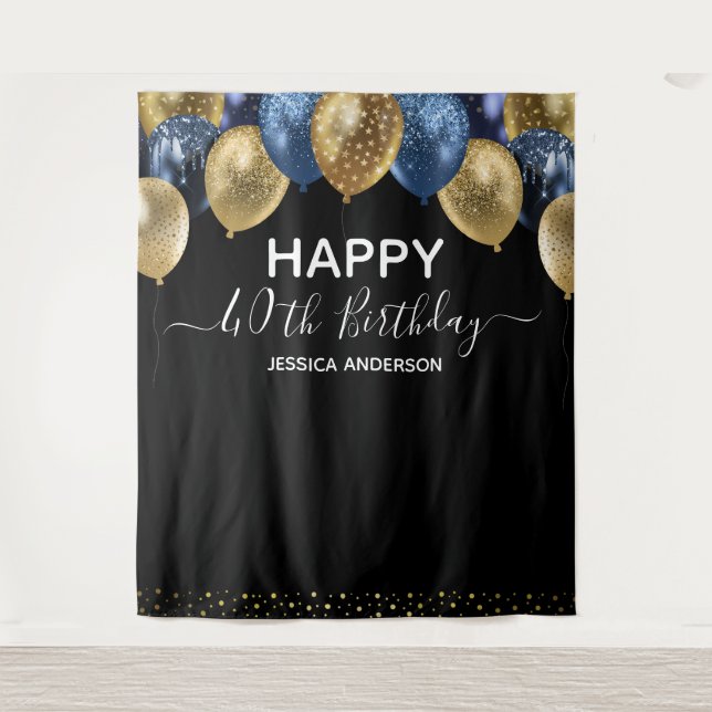 Tenture 40e anniversaire Gold Blue Black Balloons Tapestry (Devant)