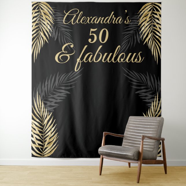 Tenture 50 fabuleux anniversaire or palmiers noirs (En situation)