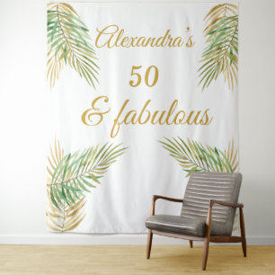 Tenture 50 fabuleux anniversaire or Palmiers verts Blanc