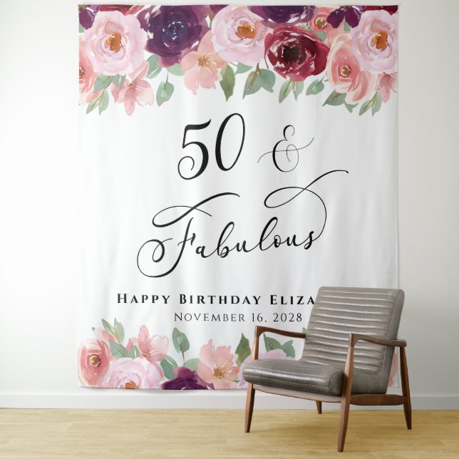 Tenture 50 Fabulous Floral Watercolor Anniversaire (En situation)