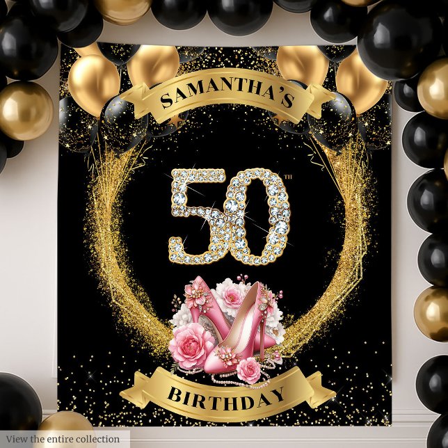 Tenture 50e Anniversaire Bannière Numéros de diamant talon (50th Birthday Banner Diamond Numbers High Heels Tapestry )