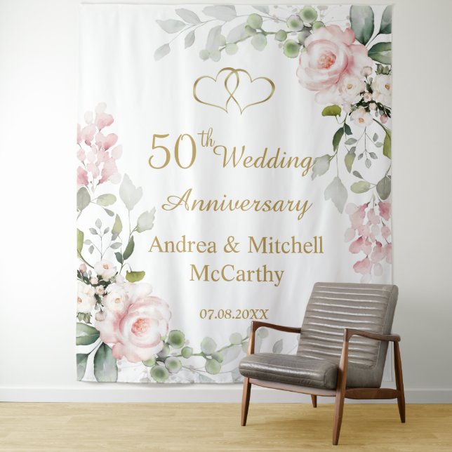 Tenture 50e anniversaire de Mariage Coeurs Rose (En situation)