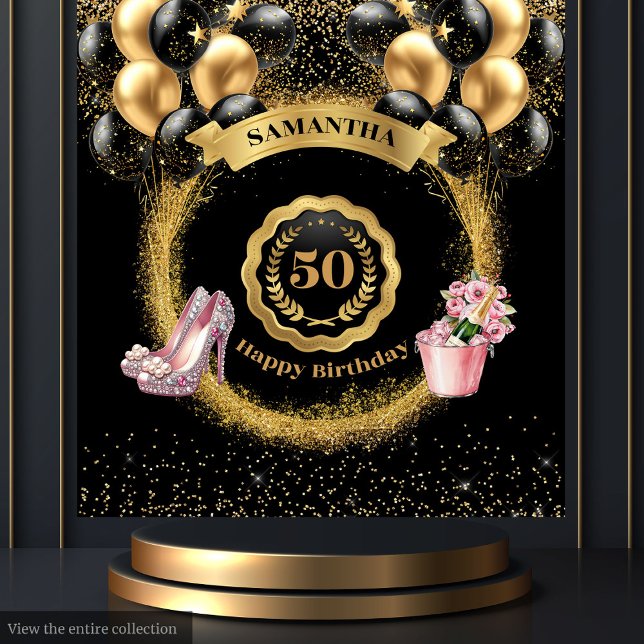 Tenture 50e anniversaire fond Rose or talons hauts (50th Birthday Backdrop Rose Gold High Heels Glitter)