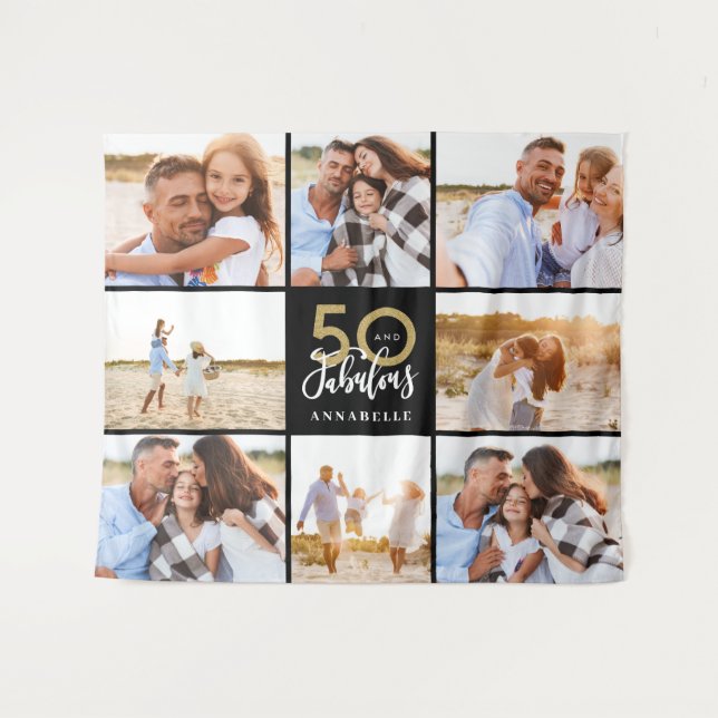 Tenture 50e anniversaire moderne noir et or photo collage (Devant (Horizontal))
