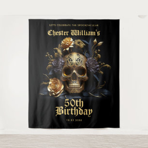 TENTURE 50E ANNIVERSAIRE OR SKULL ROSE HALLOWEEN SIGNE DU
