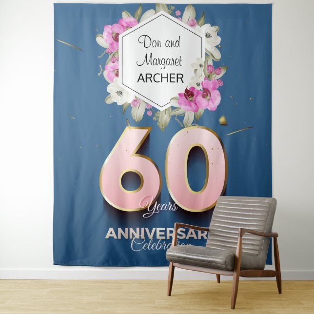 Tenture 60e anniversaire Fête des orchidées roses sur bleu (En situation)