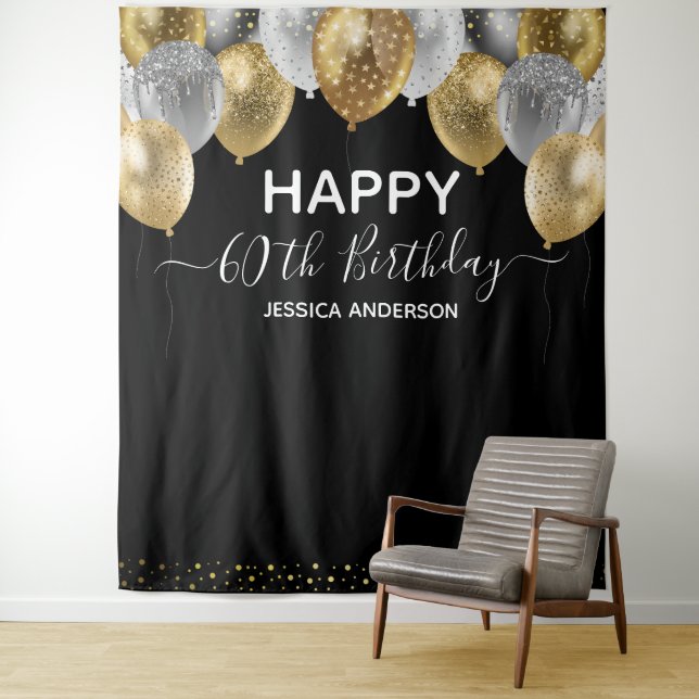 Tenture 60e anniversaire Gold Silver Black Balloons Tapest (En situation)