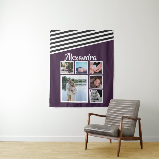 Tenture 6 Photo Collage Plum Striped Motif Personnalisé (En situation)