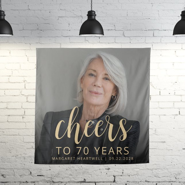Tenture 70e anniversaire de fête Photo Gold Script Cheers (Créateur téléchargé)