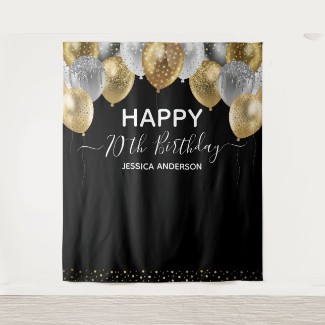 Tenture 70e anniversaire Gold Silver Black Balloons Tapest (Devant)