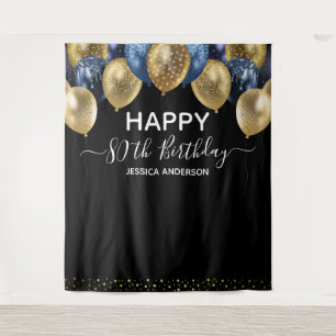 Tenture 80e anniversaire Gold Blue Black Balloons Tapestry