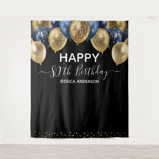 Tenture 80e anniversaire Gold Blue Black Balloons Tapestry (Devant)