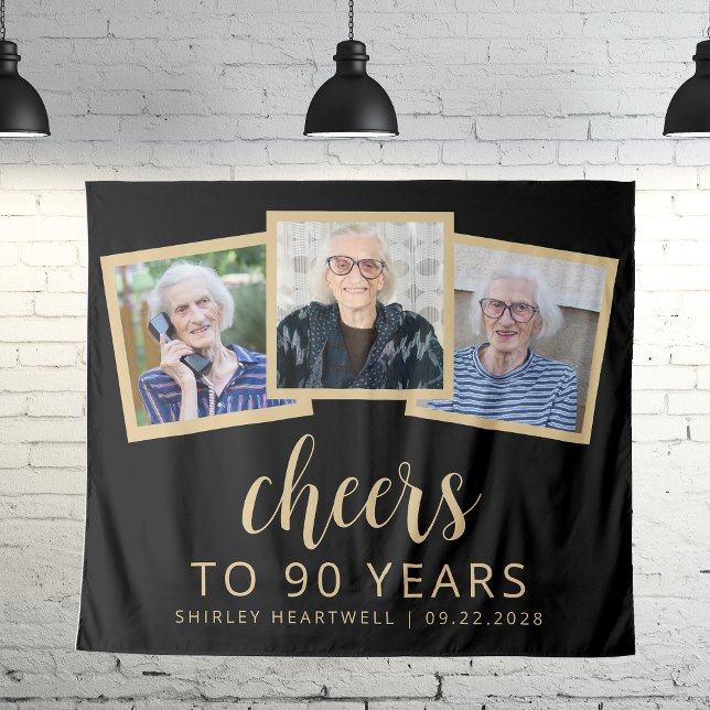 Tenture 90e anniversaire 3-Photo Black Gold Script Cheers (Créateur téléchargé)