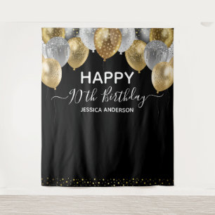 Tenture 90e anniversaire Gold Silver Black Balloons Tapest