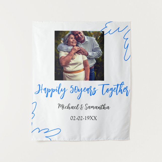Tenture à 50 ans de mariage feuille bleue photo nom (Devant)