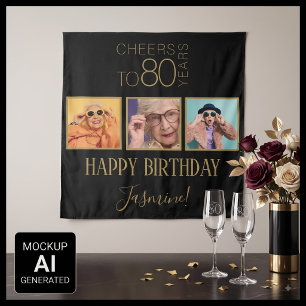 Tenture À 80 ans, félicitations 3 Photos Noir Or Élégant