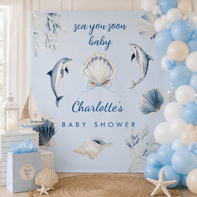 Tenture À la mer bientôt Baby Shower Toile de fond côtière (Elegant and Modern Sea you soon Baby Shower Backdrop)