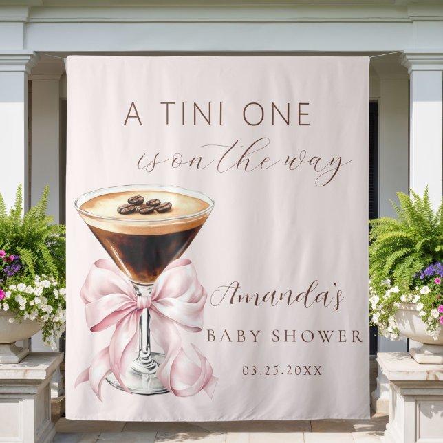 Tenture A tini One Espresso Martini Baby Shower Backdrop (A tini one is on the way Pink coquette bow baby shower backdrop)