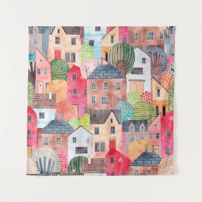 Tenture Abstract seamless pattern with houses. Watercolor  (Devant)