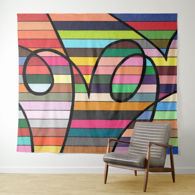 Tenture Abstrait rayé vibrant avec des tourbillons noirs a (En situation (horizontale))