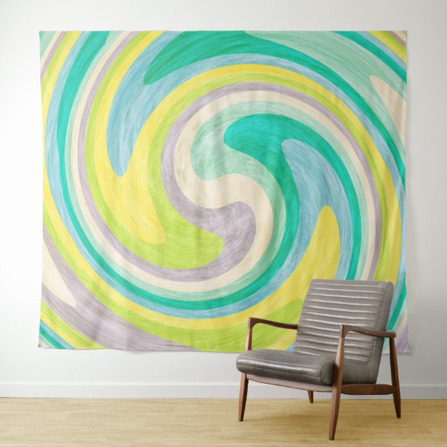 Tenture Abstrait Tourbillonnant en Vert, Jaune et Aqua (En situation (horizontale))