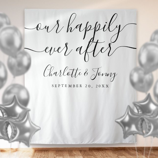 Tenture Accessoire de Photomaton de Mariage à Script Noir  (Black And White Script Wedding Photo Booth Prop Tapestry)