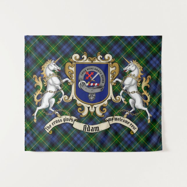 Tenture Adam Clan Badge & Unicorns avec Tartan (Devant (Horizontal))