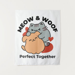 Tenture Adorable chat et chien Hug - Meow & Woof Design