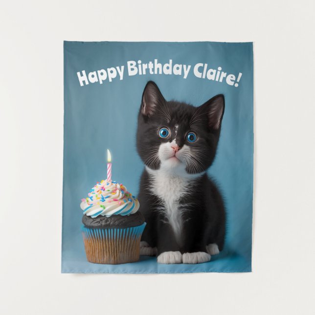 Tenture Adorable Joyeux Anniversaire Chat, Personnalisable (Devant)