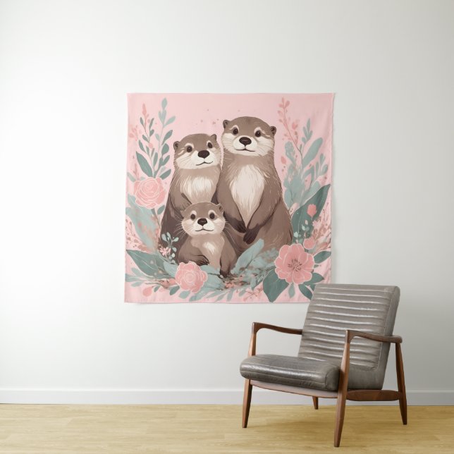 Tenture Adorable Otter Boho rose Rose Maman Papa et bébé (En situation)